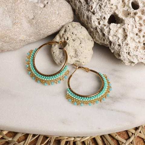 Hand Beaded Turquoise Hoop Earrings