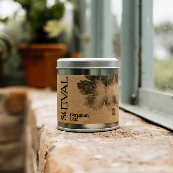 St Eval geranium tin candle