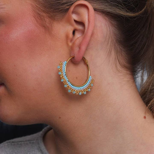 Hand Beaded Blue Hoop Earrings