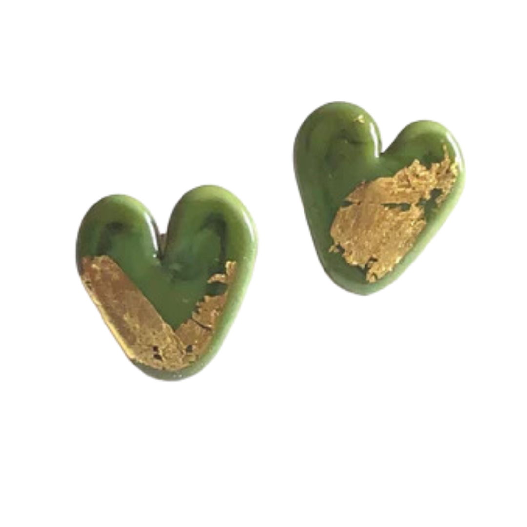Olive Green Glass Heart Earrings
