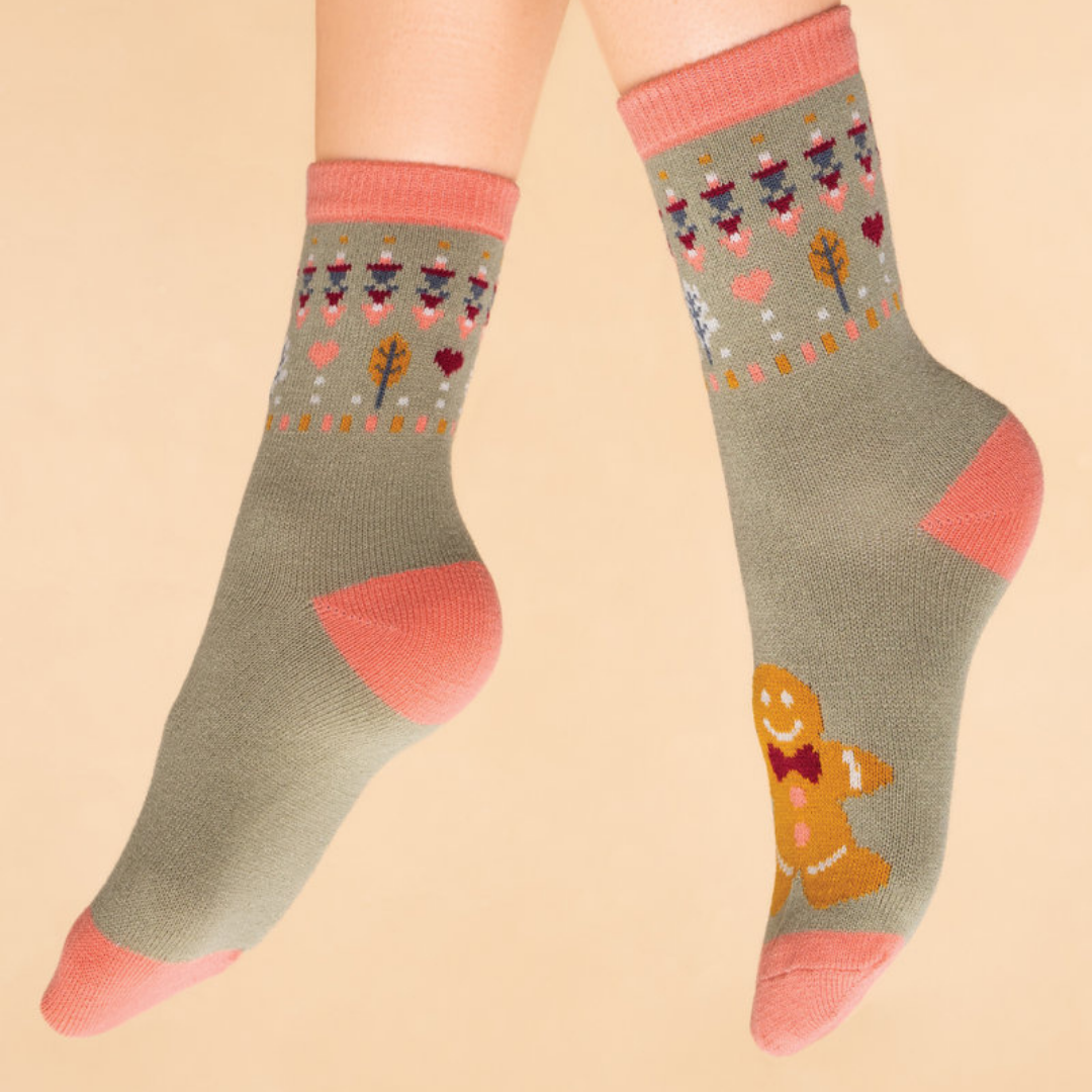 Ladies Gingerbread Man Knitted Socks - Sage