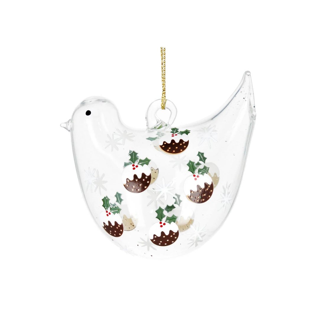 Glass Bird with Christmas Pudding Design