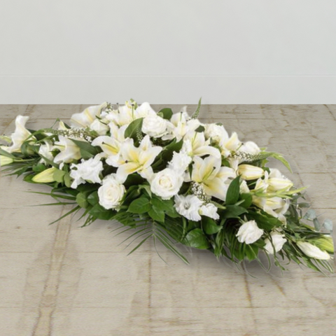 Lilies and Carnations White Casket Arrangement