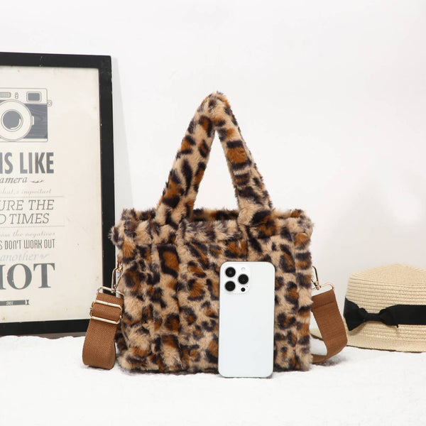 25424 Leopard Print Faux Fur Tote Bag