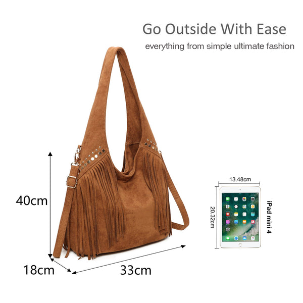 Large Faux Suede Soft Fringe Studded Hobo Shoulder Bag