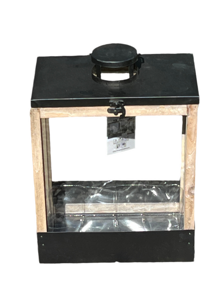 Black Glass, wood and metal large lantern 28cm w x 17cm d x 37cm h