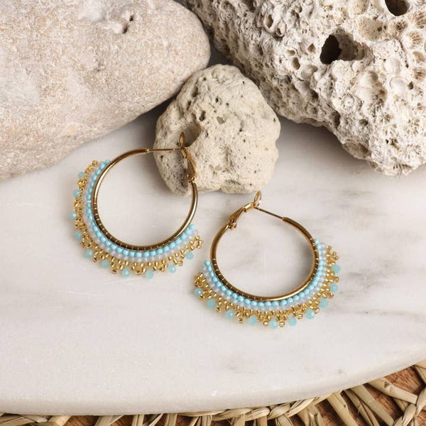 Hand Beaded Blue Hoop Earrings