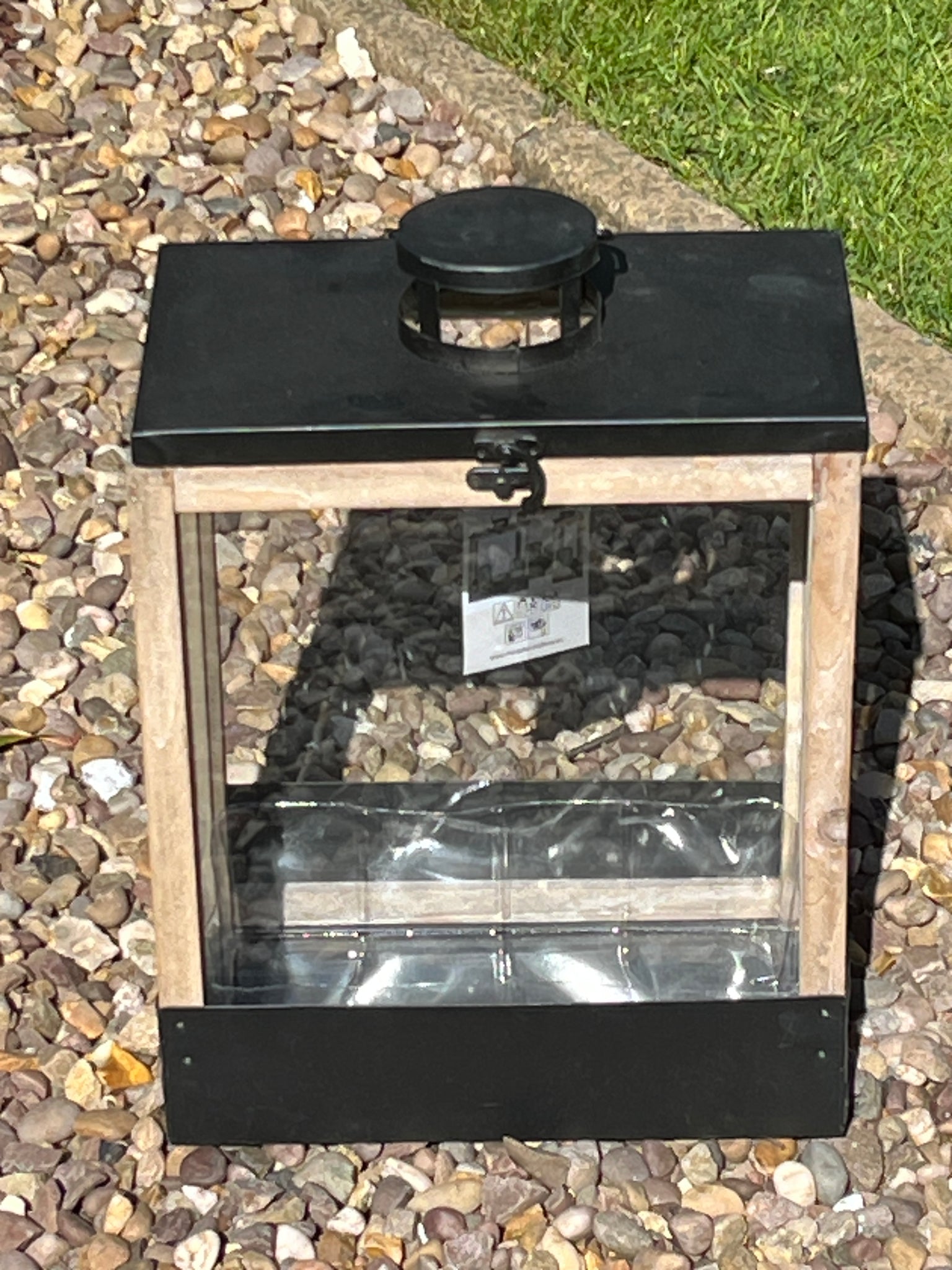 Black Glass, wood and metal large lantern 28cm w x 17cm d x 37cm h