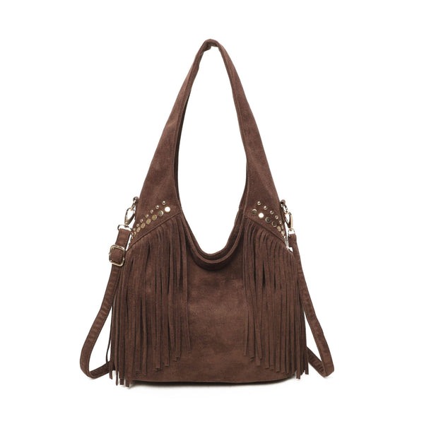 Large Faux Suede Soft Fringe Studded Hobo Shoulder Bag
