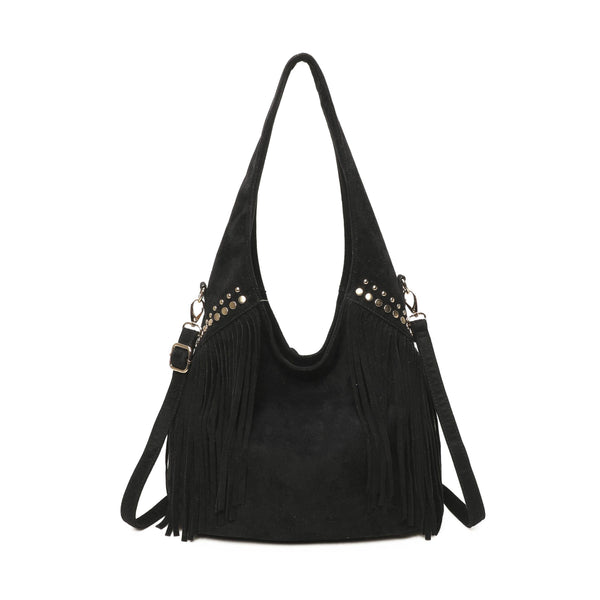 Large Faux Suede Soft Fringe Studded Hobo Shoulder Bag