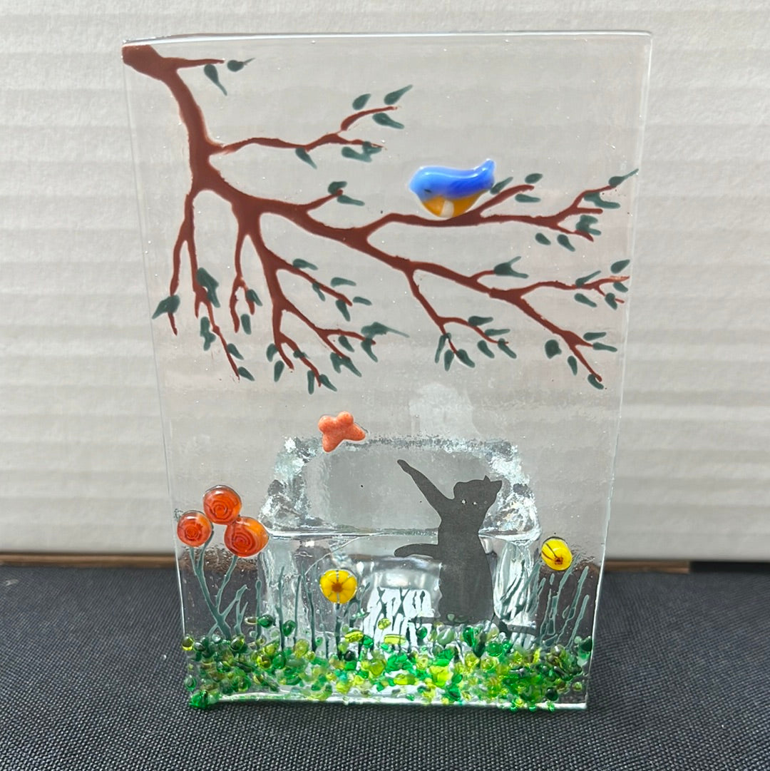 Handmade glass tea light holder car and bird design