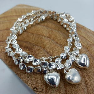 Triple Strand Elasticated Bracelet with Drop Hearts