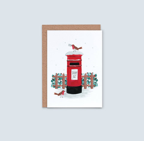 Red Letterbox and Robbins Card | Merry Christmas Card 