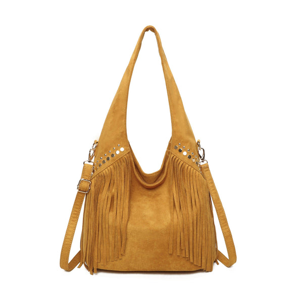 Large Faux Suede Soft Fringe Studded Hobo Shoulder Bag