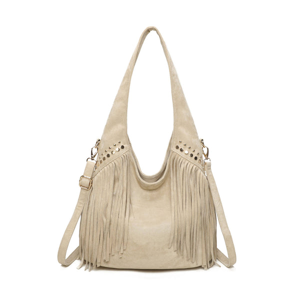 Large Faux Suede Soft Fringe Studded Hobo Shoulder Bag
