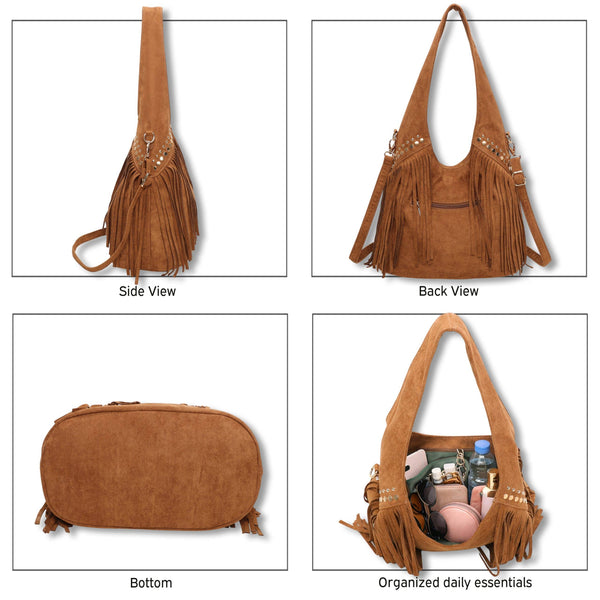 Large Faux Suede Soft Fringe Studded Hobo Shoulder Bag
