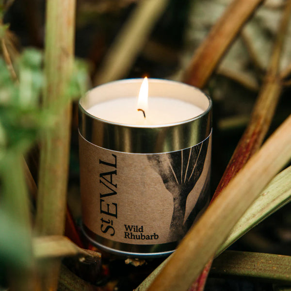 St Eval wild rhubarb tin candle