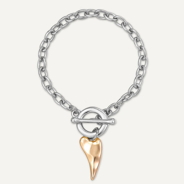 Heart Tusk Charm T-Bar Bracelet In Silver & Gold-Tone