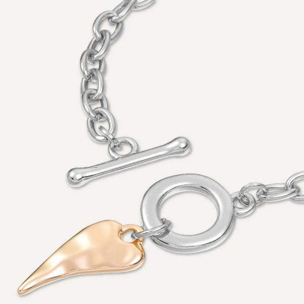 Heart Tusk Charm T-Bar Bracelet In Silver & Gold-Tone