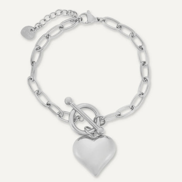 Heart Charm T-Bar Bracelet In Silver-Tone