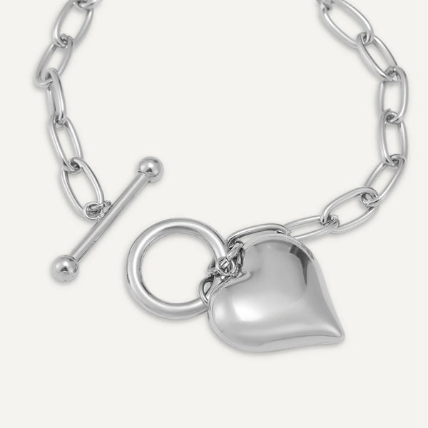 Heart Charm T-Bar Bracelet In Silver-Tone
