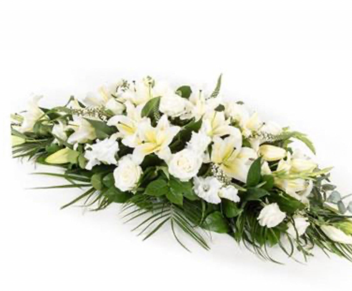 Lilies and Carnations White Casket Arrangement