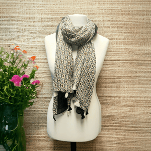 Tasselled Tranquillity Scarf with Whimsical Prints