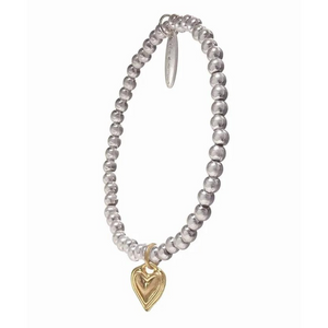 Solo Heart with Beads Elasticated Bracelet - Worn Silver/Gold