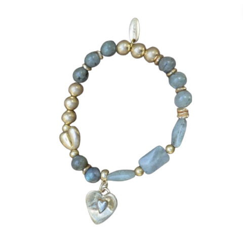 Heart Charm Blended Stone Bracelet - Gold