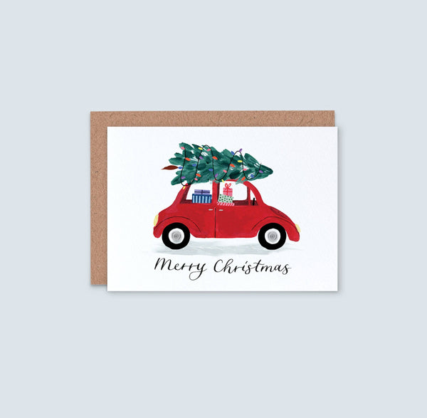 Driving Home for Christmas Card – Red Car, Presents & Tree