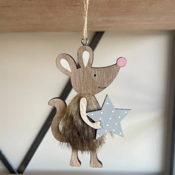 Rustic Wood Mouse Hanger, 12cm