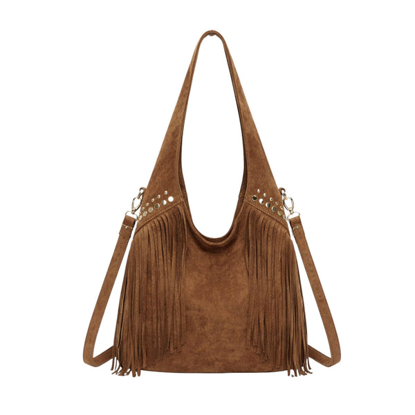 Large Faux Suede Soft Fringe Studded Hobo Shoulder Bag