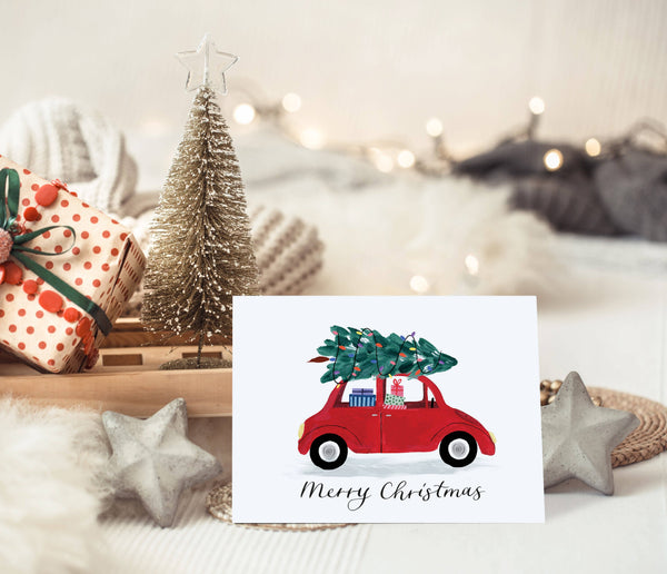 Driving Home for Christmas Card – Red Car, Presents & Tree
