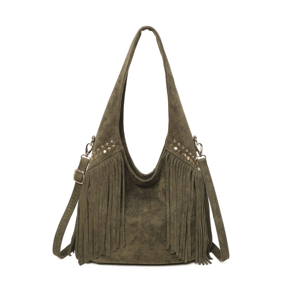 Large Faux Suede Soft Fringe Studded Hobo Shoulder Bag