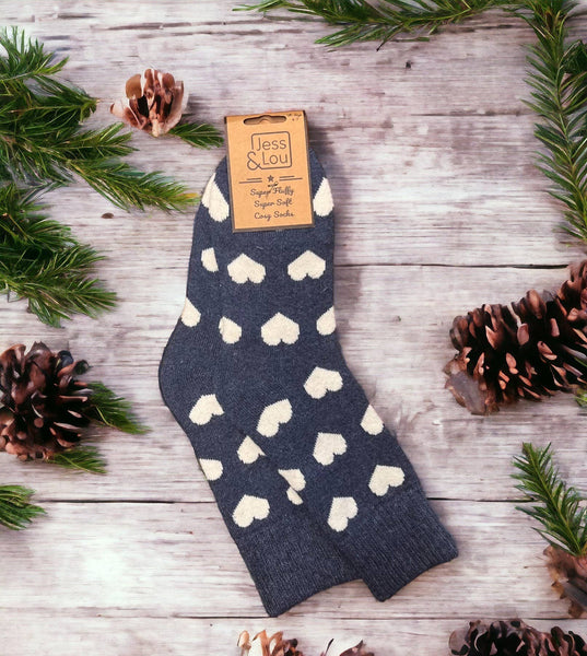 Hearts Ribbed Navy Socks SL230: Grey