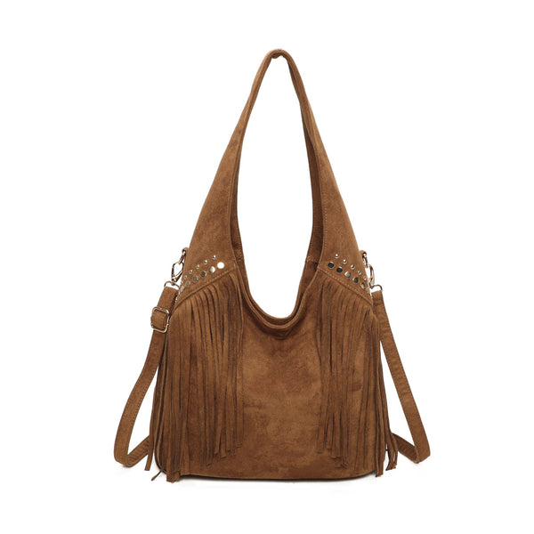 Large Faux Suede Soft Fringe Studded Hobo Shoulder Bag