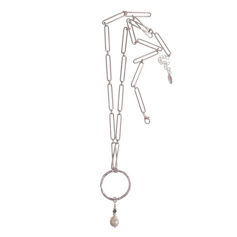 Pearl Drop on Ring with Super Link Chain Necklace - Worn Silver