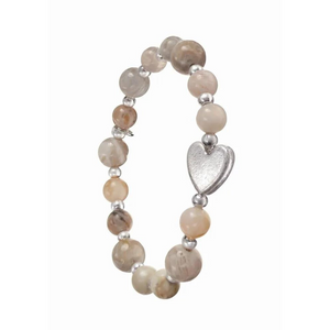 Stone Beads with Heart Captured Bracelet - Agate/Silver