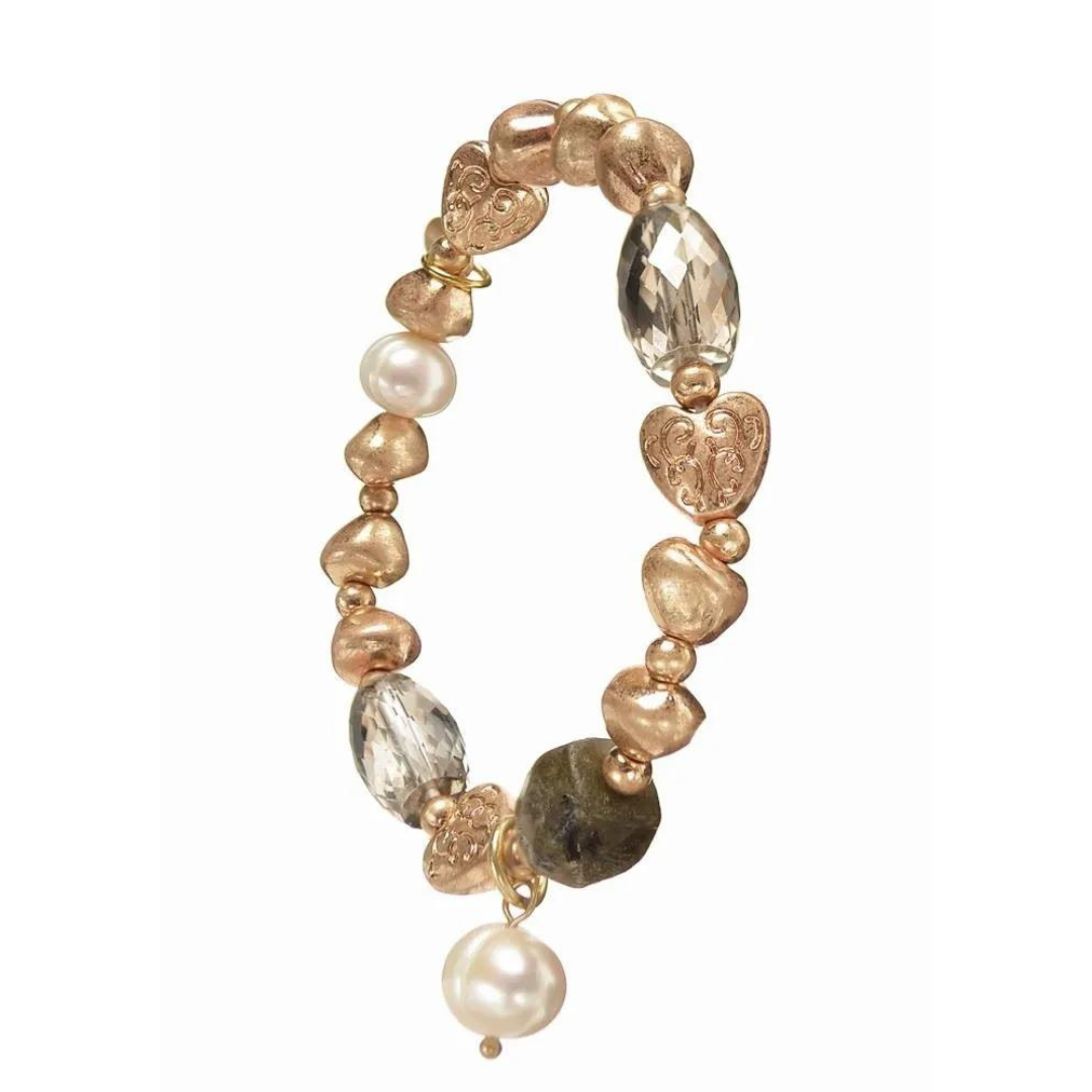 Rococo Heart Bracelet with Pearl, Stone & Facet Beads - Gold