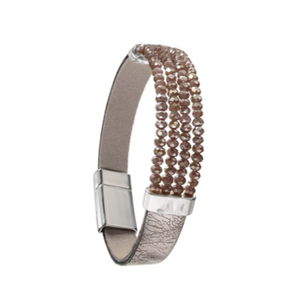 Crystal Bead Bracelet with Faux Leather Strap - Warm Pewter