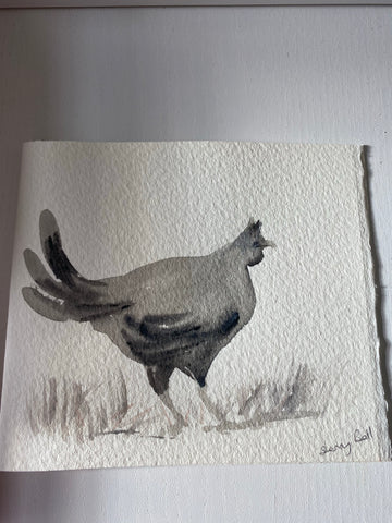 Chicken grey original watercolor card