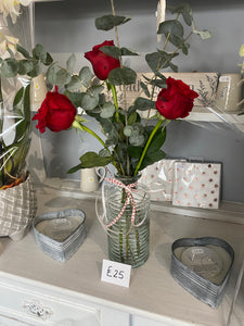 Valentine vase of 3 red top grade roses and eucalyptus