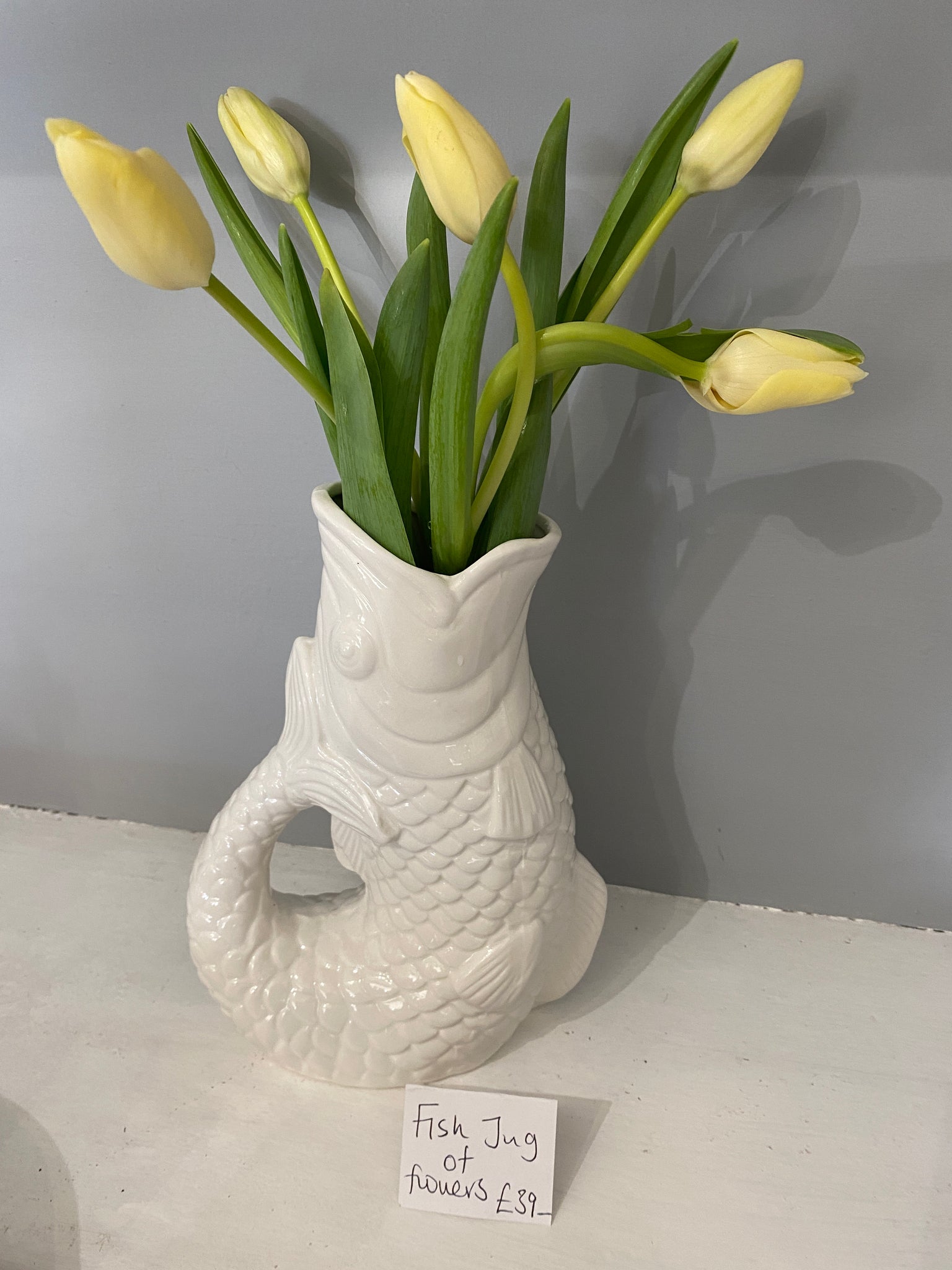 Fish white China jug of tulips